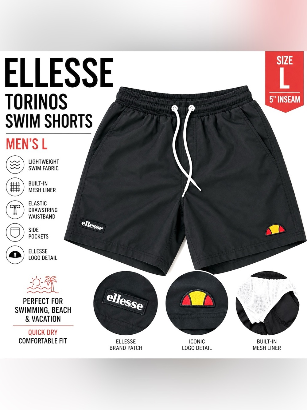 Ellesse Torinos Men’s Swim Shorts Size L Black Logo Mesh Lined Drawstring